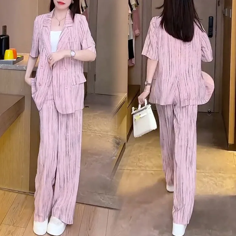 Women's Summer Loose Short Sleeve Blazers Wide Leg Pants Two Piece Set Office Lady Casual Suit Jackets Trousers Outfits 2025