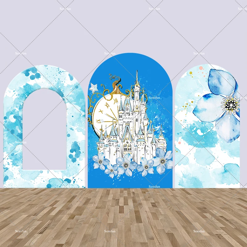 

Watercolor Blue Arch Open Wall Cover Castle Princess Girl Birthday Chiara Backdrops Photo Background Photocall