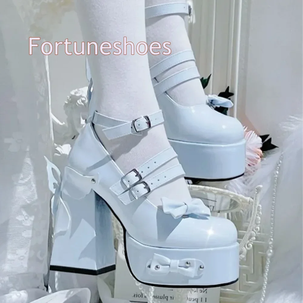 Butterfly Knot Platform Blue Pumps Belt Buckle Strap Solid Hollow Round Toe Chunky Heel Pumps Fashion Casual 2025 Newest Pumps