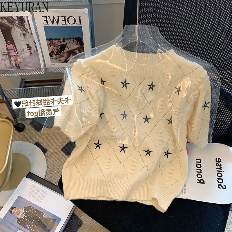 Star Embroidery Hollow-out Short Sleeve Sweater Women\'s Knitted T-Shirts Summer 2023 New Vintage O-Neck Knitwear Crop Tops Tees