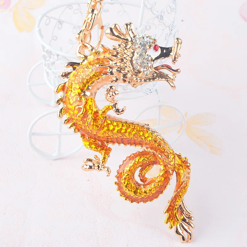 Chinese Dragon Rhinestone Keychains Creative Crystal Metal Car Key Ring Chinese New Year Lucky Pendant Gifts Auto Inter Decor