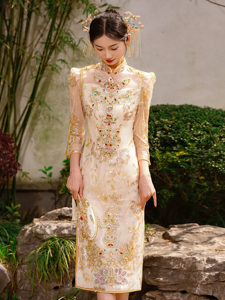 Champagne Gold Sequins Beaded Embroidery Tassel Cheongsam Chinese Couple Marriage Clothing Costume Wedding Dress