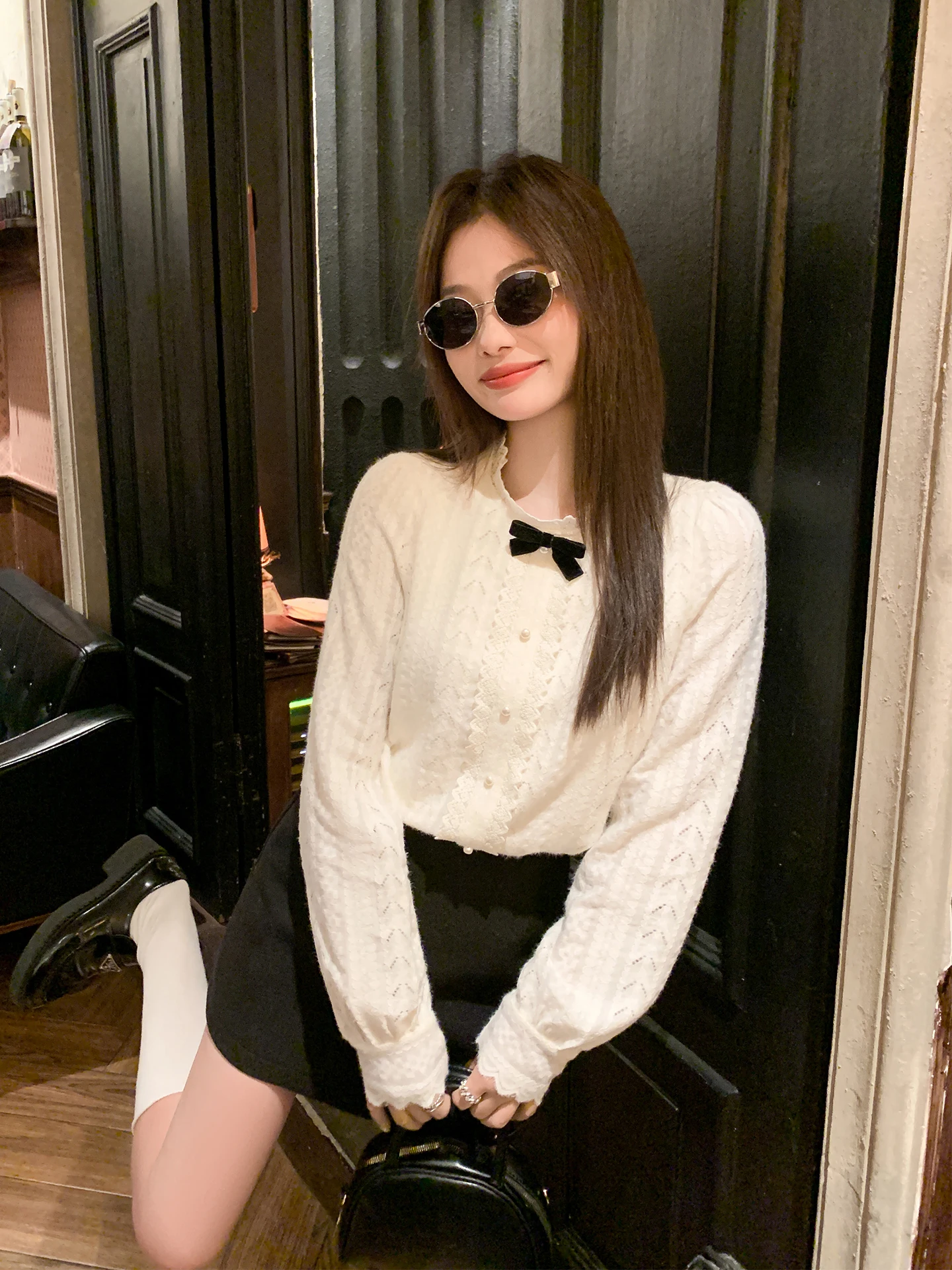 

French Sle Long Sve Lace irt Women's Inner Wear Knot Top Nylon Elastic Fiber Casual Faion Autumn New Arrival