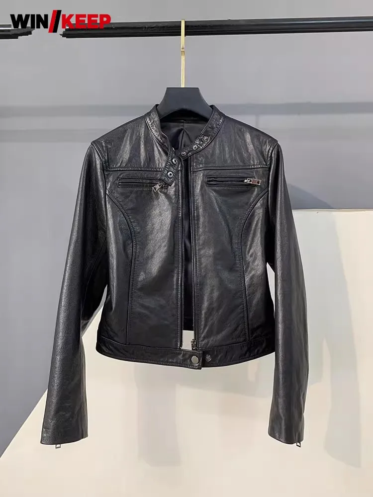 Autumn Fashion Genuine Leather Women Short Jacket Stand Collar Zipper Coat Top Work Lady Slim Fit Jackets Casual Black Outerwear