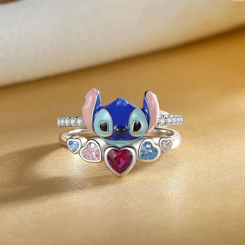 Disney Stitch Ring Lilo & Stitch Wedding Gemstone Open Ring Cute Engagement Rings for Women Jewelry Mens Rings Halloween Gift