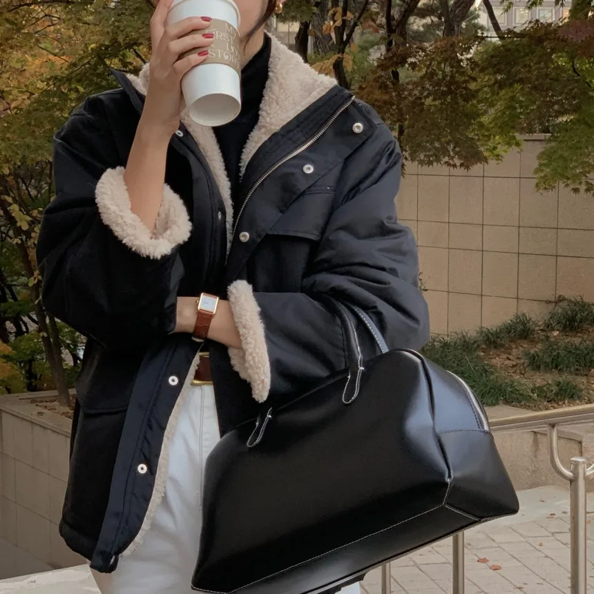 

Women's Chic Winter Jaet Versatile Loose Fit Lamb Fur Lined Waist Dstring Casual Workwear Top High Collar Long Sve