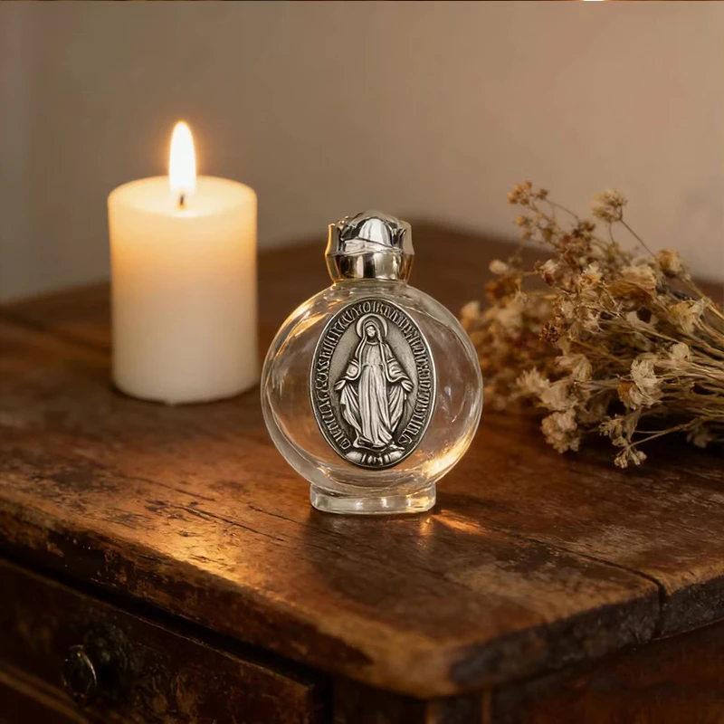 New Mini Glass Holy Water Bottle with Gold Cap and Virgin Mary Medal for Orthodox Catholic Prayer Devotion Christian Faith Gift