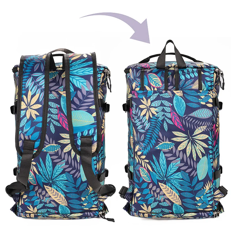 Travel Backpack Leaves Printing Graffiti Large Bucket Luggage Shoulder Bag Men Women School Pack Rucksack With Shoes Pocket