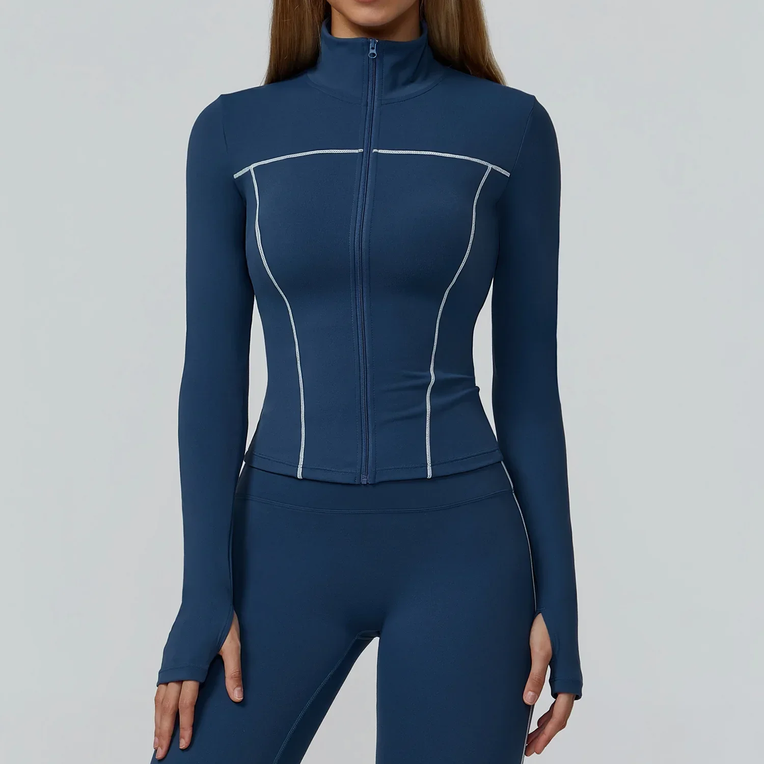 سترة رياضية نسائية بسحاب معطف يوجا ملابس سريعة الجفاف سترة لياقة بدنية للجري بأكمام طويلة وفتحة إبهام ملابس رياضية للتمرين في صالة الألعاب الرياضية