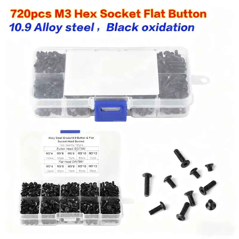 

720Pcs M3 screw set, Alloy steel Allen Hexagon Hex Socket cap Button & Flat Head Screws M3X4/6/8/10/12 Assortment Kit for drones