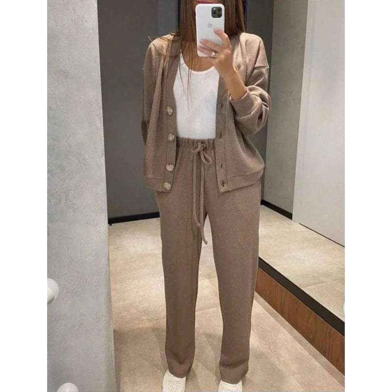 

Elegant V-neck Long-sleeved Single-breasted Cardigan Top + Pant 2-piece Set Women Fashion Solid Color Autumn Sports Suit Female