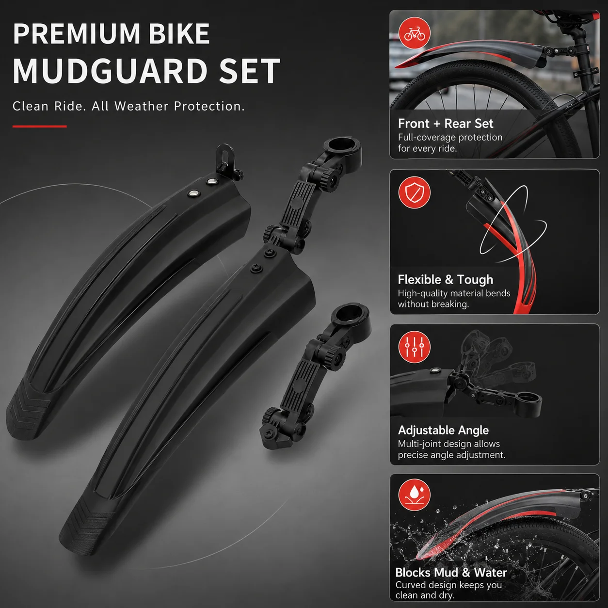 PINMOAP 2PCS Bicycle Fender Set 20-26'' Fit Mountain Bike Front Rear Mudguards Durable Splash Proof MTB Cycling Easy Install Bik