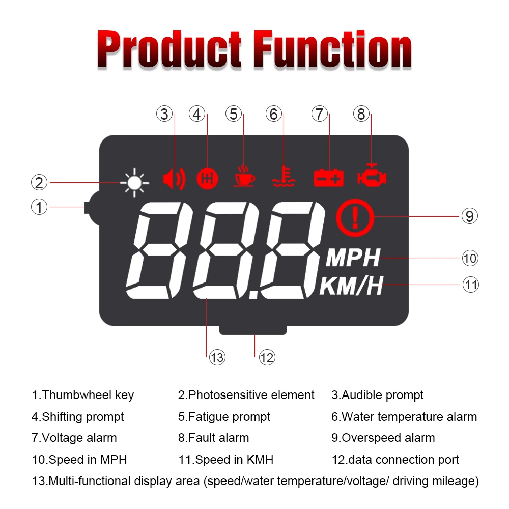 AD سيارة رئيس يصل العرض A100S obd HUD سرعة KMH MPH درجة حرارة الماء الجهد الأميال السرعة الزائدة خطأ إنذار عرض متعدد الوظائف