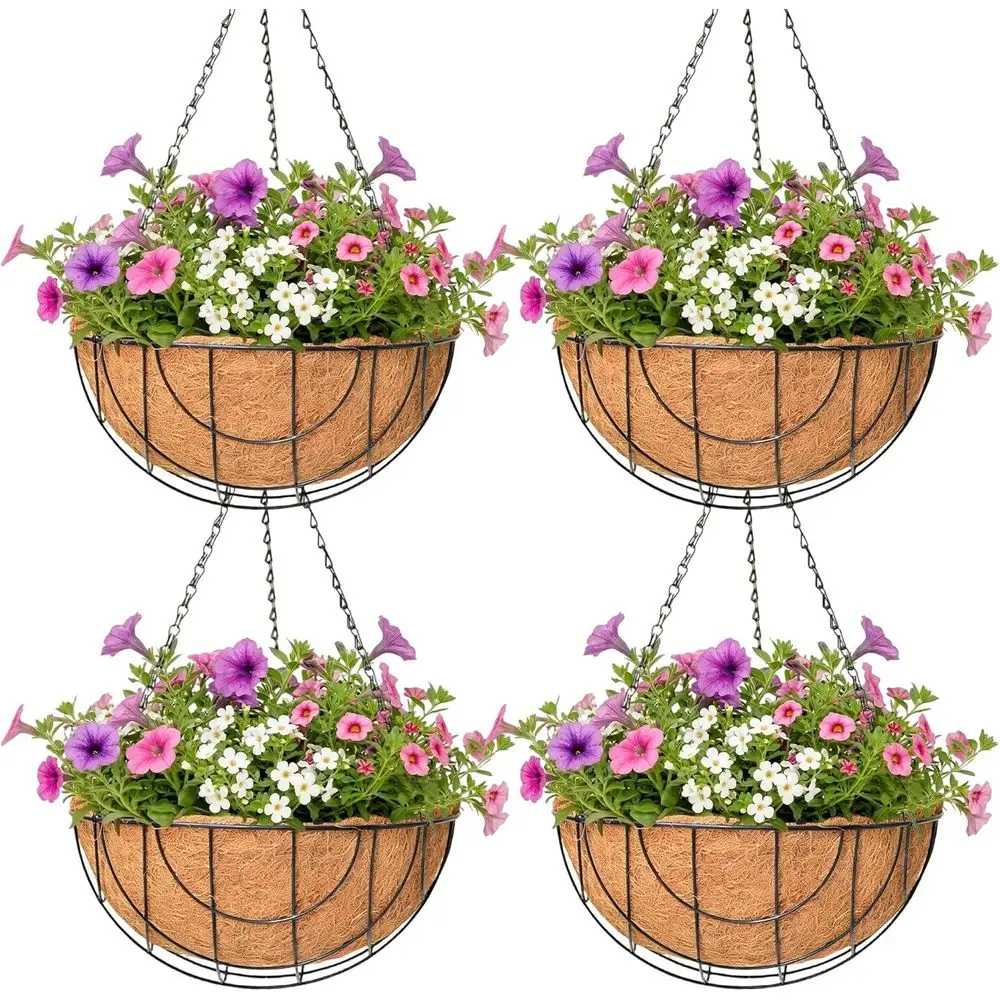 

12 Inch Metal Hanging Planters with Coco Coir Liners - Outdoor Garden Decorative Baskets