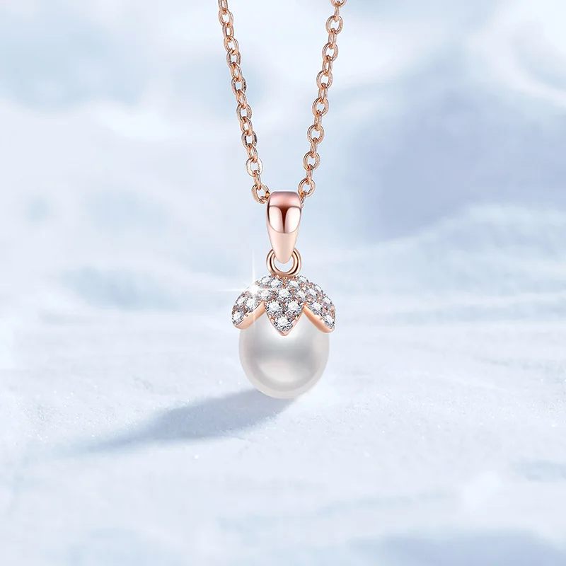 

Platinum PT950 18K Gold Necklace, Strong Natural Freshwater Pendant, Flower Bud, Light Luxury Champagne Gold Lock Chain