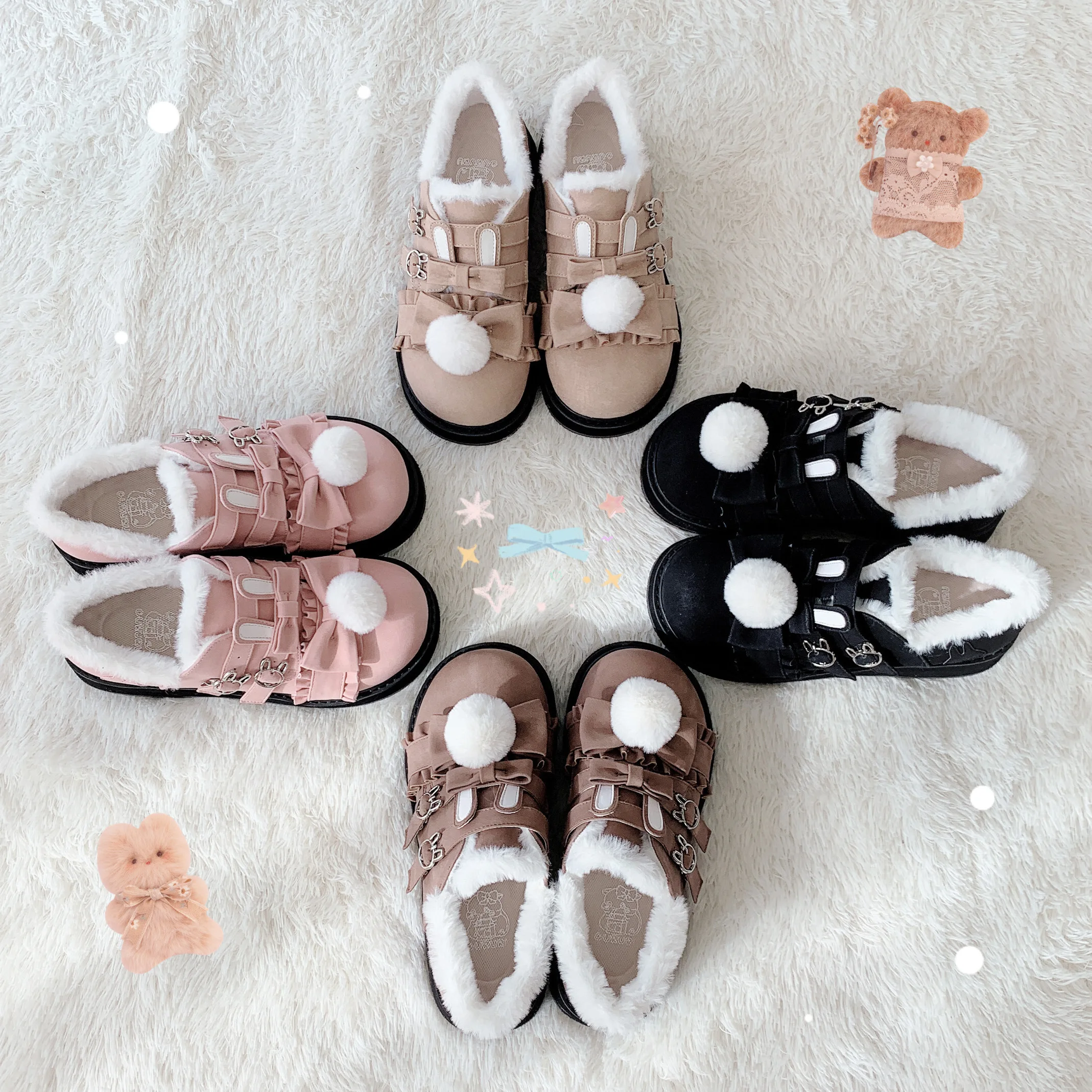 Botas de neve Kawaii Bowknot para mulheres, sapatos Sweet Lolita, vintage, cabeça redonda, além de cashmere, manter aquecido, fofo, menina, loli, inverno