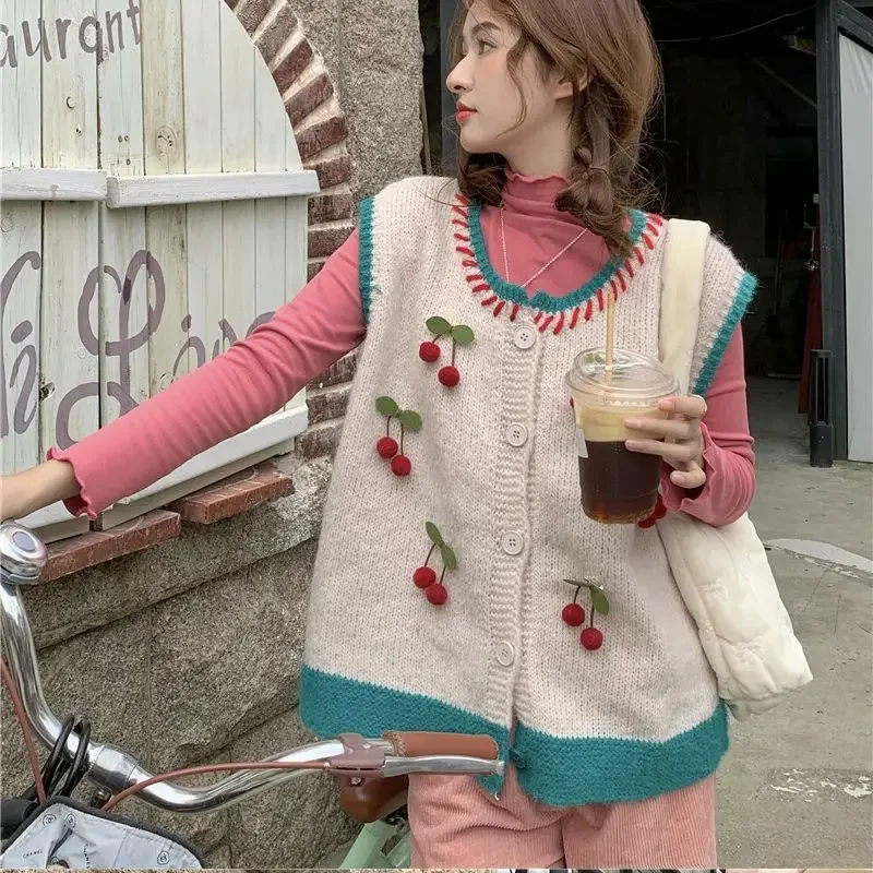 Kimotimo Cardigan Vest Women 2023 Autumn Three-dimensional Cherry Contrast Color Knit Top Korean Sweet Overlap Sweater Waistcoat