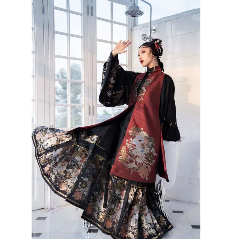 

ZhiZaoSi Ming Dynasty Imitation Makeup Flower Hanfu Bijia Robe Horse Face Skirt Suit Cosplay Black Dark Weave Brocade Costumes