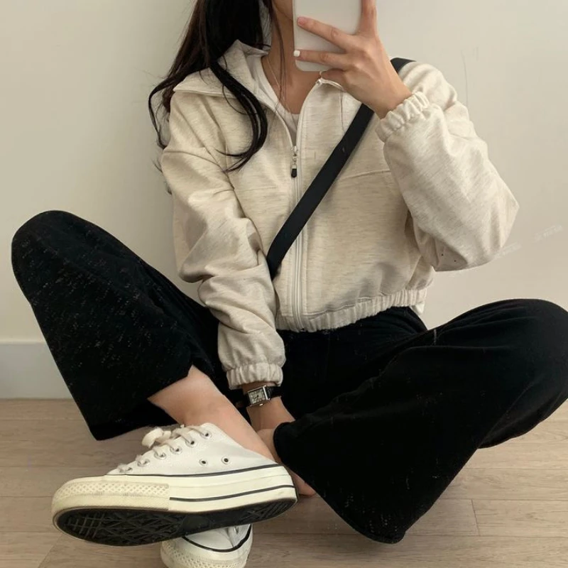 Sweatshirts Women Pockets Harajuku Cropped Feminine Casual Solid Stylish All-match Soft Streetwear Ins New Arrival Autumn Basic