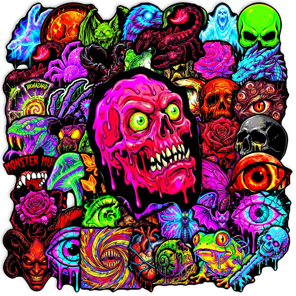 10/30/50pcs Dark Fluorescent Gothic Skull Demon Stickers Horror Cartoon Decals DIY Diary Stationery Fridge Cool Graffiti Sticker