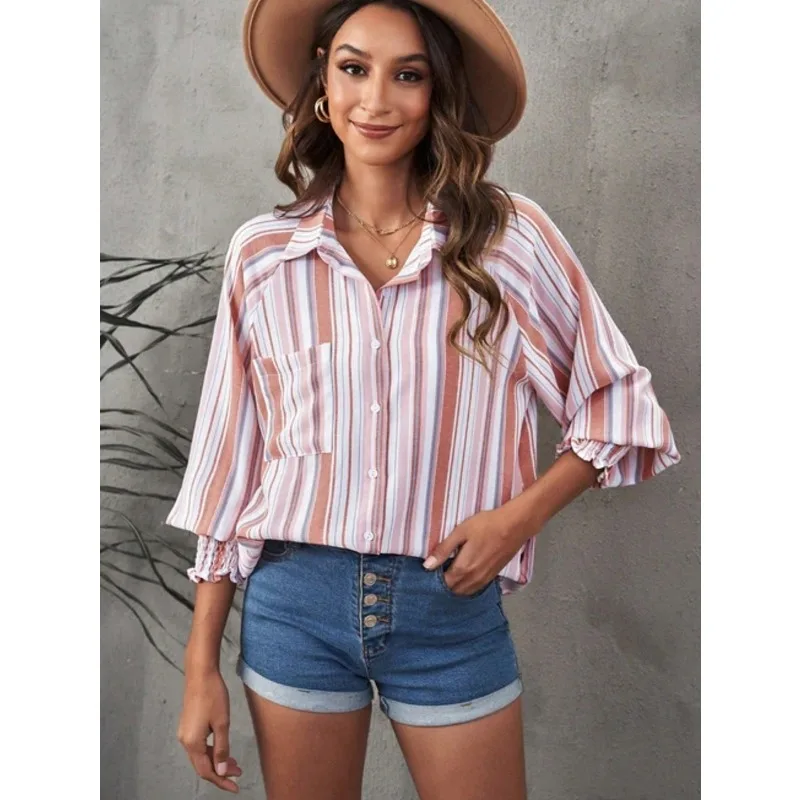 

Плюс размер 1XL-5XL, женская мода, свободный крой в полоску в стиле ретро, женский длинный утягивающий топ с радужным двухцветным воротником