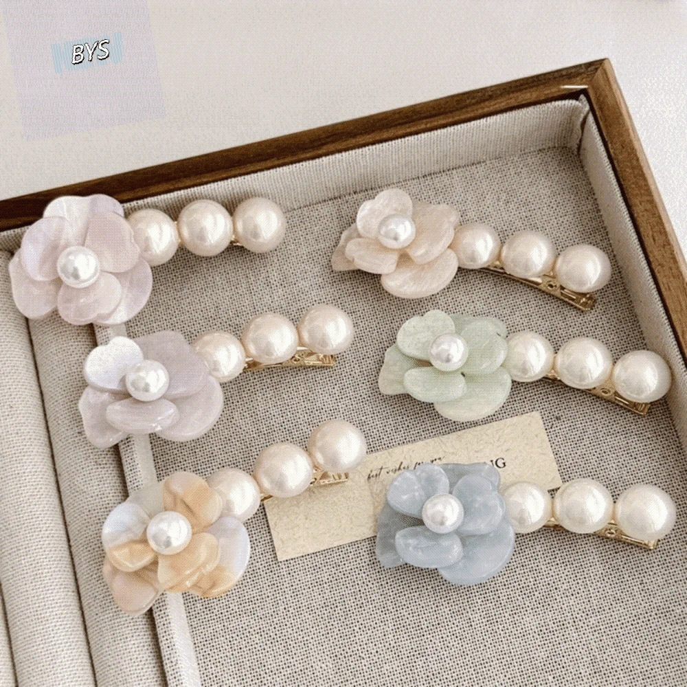 Cute Korean Style Camellia Pearl Side Clip Acetate Sweet Flower Hair Clip Elegant Barrette Duckbill Clip Girls/lady