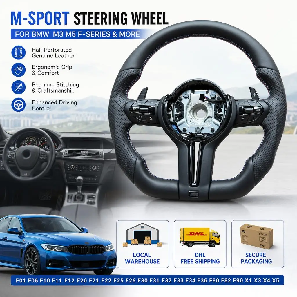 High Quality M Sport Steering Wheel For BMW Flat Bottom M3 M5 F01 F06 F10 F11 F12 F20 F21 F22 F25 F26 F30 F31 F32 F33 F34 F36 F80 M4 F82 F90 X1 X3 X4 X5 Half Perforated Leather Steering Wheel