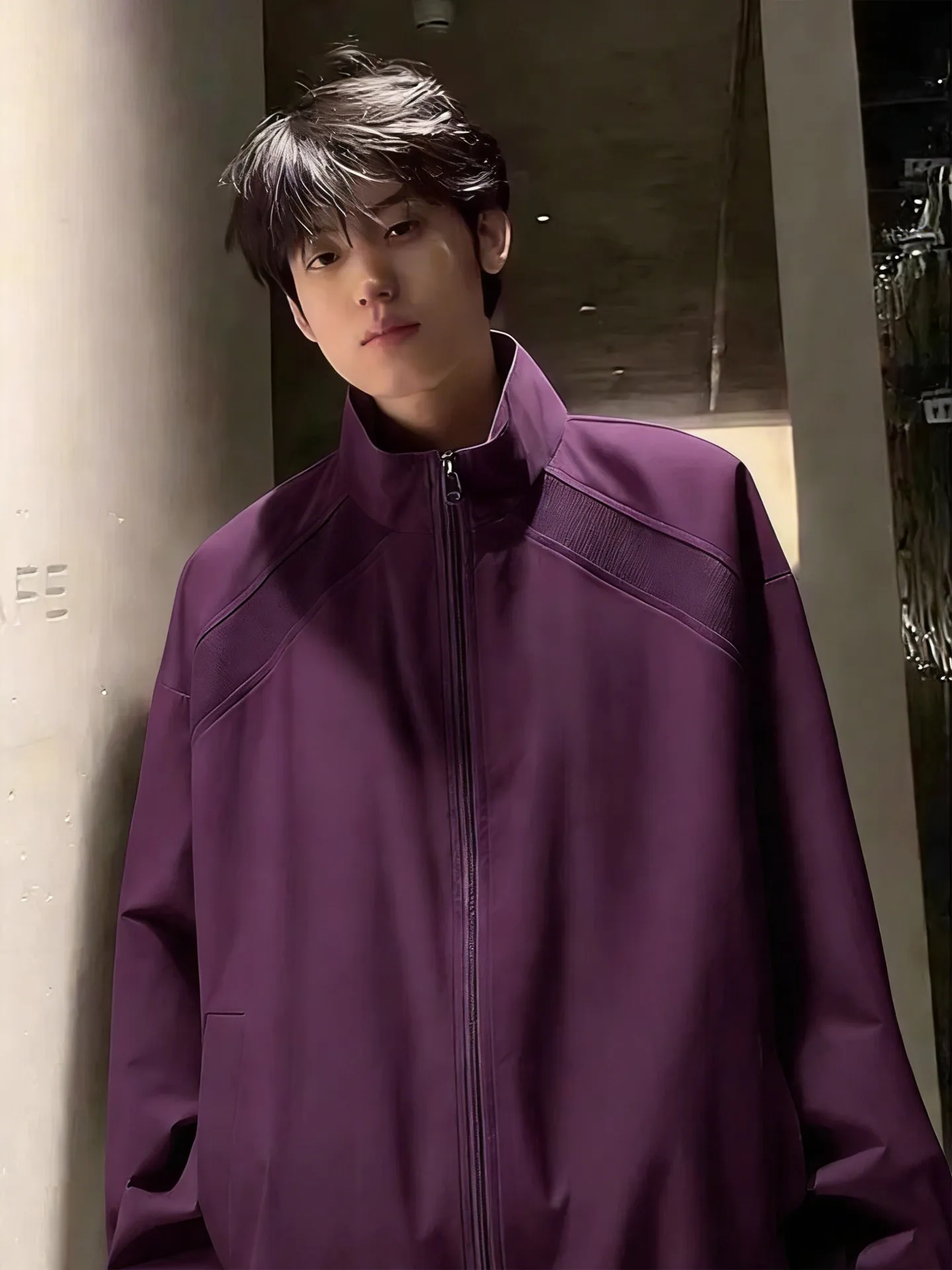 Purple Deconstructed Pilot Jacket Men's Spring Autumn Patchwork Stand Collar Baseball Uniform Short Shape Three-proof Jacket