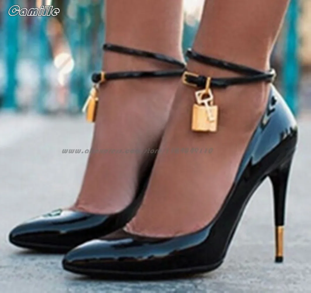 

Patent Leather Ankle Strap With Lock Shallow High Heels Size 35-41Catwalk Style Sexy Lady Pumps Pointed Toe Metal Heel Sandals