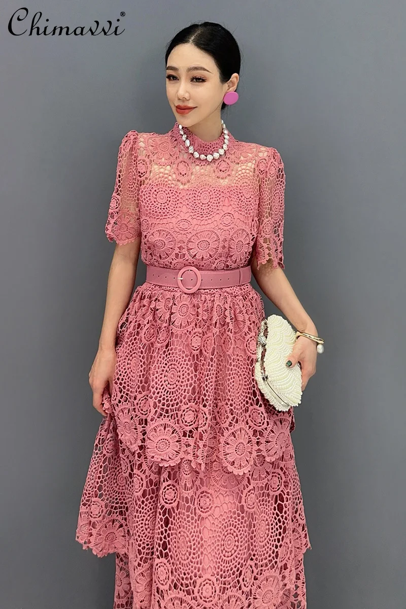 

2024 Summer New Women's Crocheted Hollow-out Long Dress Female Fashion Loose Temperament Slimming Elegant Oversized Long Dress