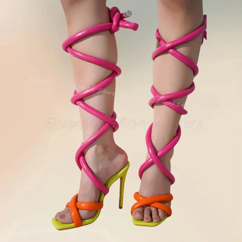 

Colorful Hollow Design Strappy Open Toe Sandals Boots Lace Up Women Shoes Thin High Heels Fashion Party 2025 Zapatos Para Mujere