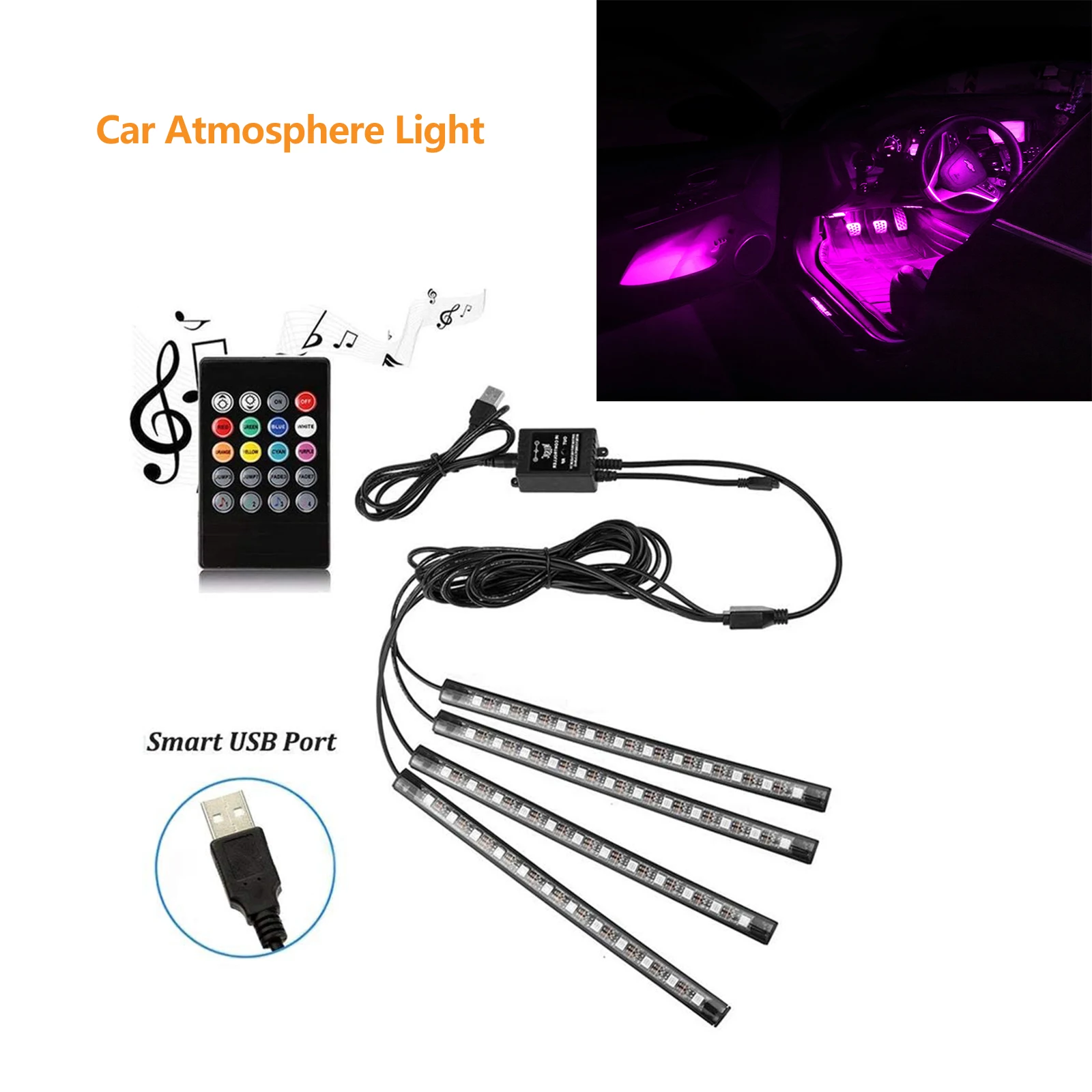 1set Car Atmosphere Light A Tow Four 48 Light Strip RGB+USB Head/ RemoteControl+Voice Control For Car Motorcycle ATV New