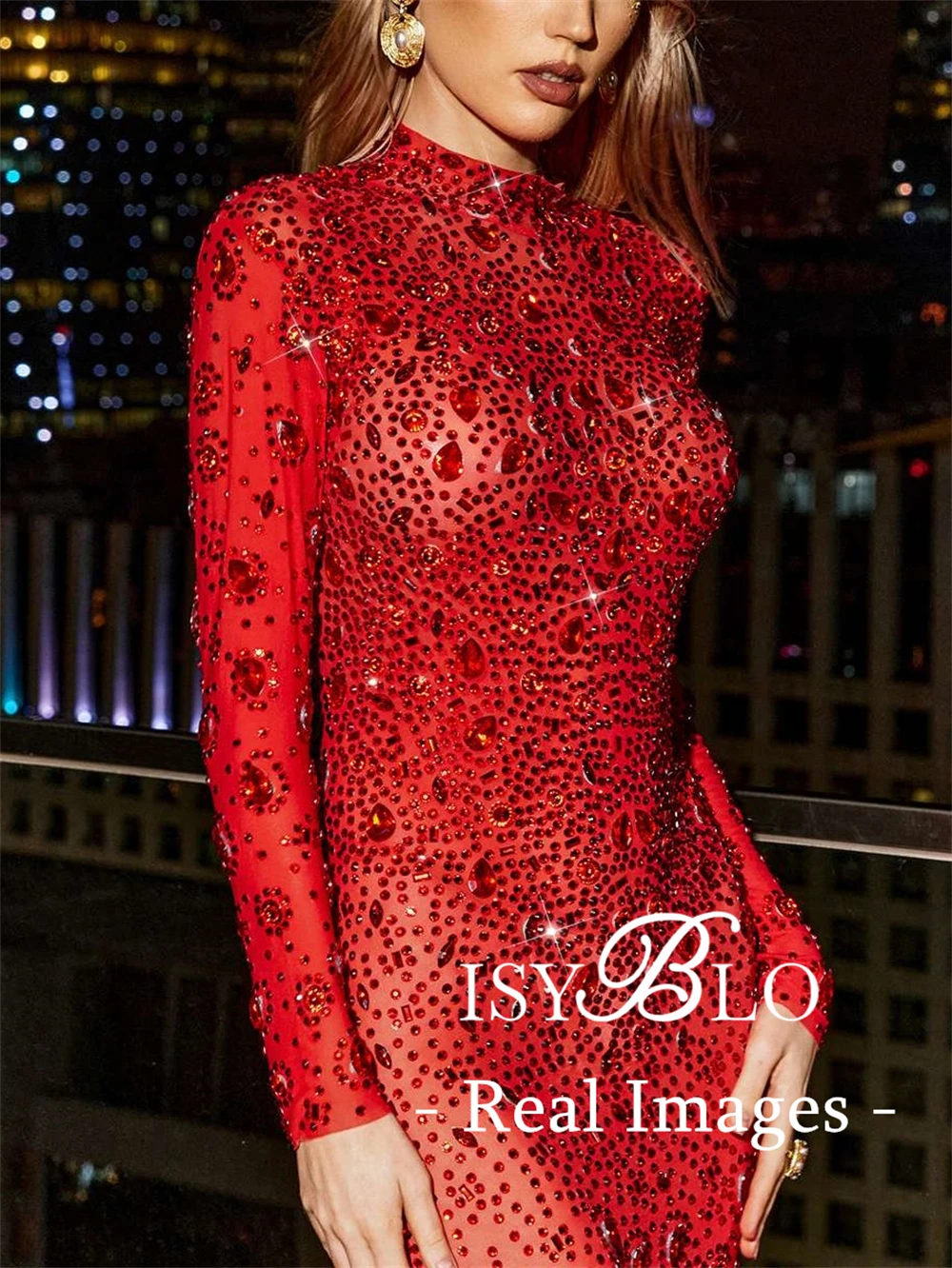 ISYBLO Red Stones Maxi Formal Dress for Women Half-High Collar Full Sleeve Illusion Prom Dresses Dinner Party Gowns Real Images