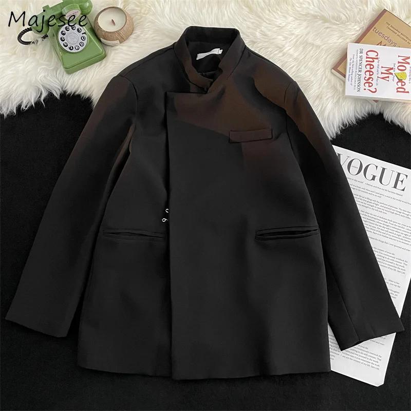 

Black Casual Blazers Men Stand Collar Vintage Elegant Minimalist Autumn Outwear Baggy Unisex Clothes Preppy Temper Teens Fashion