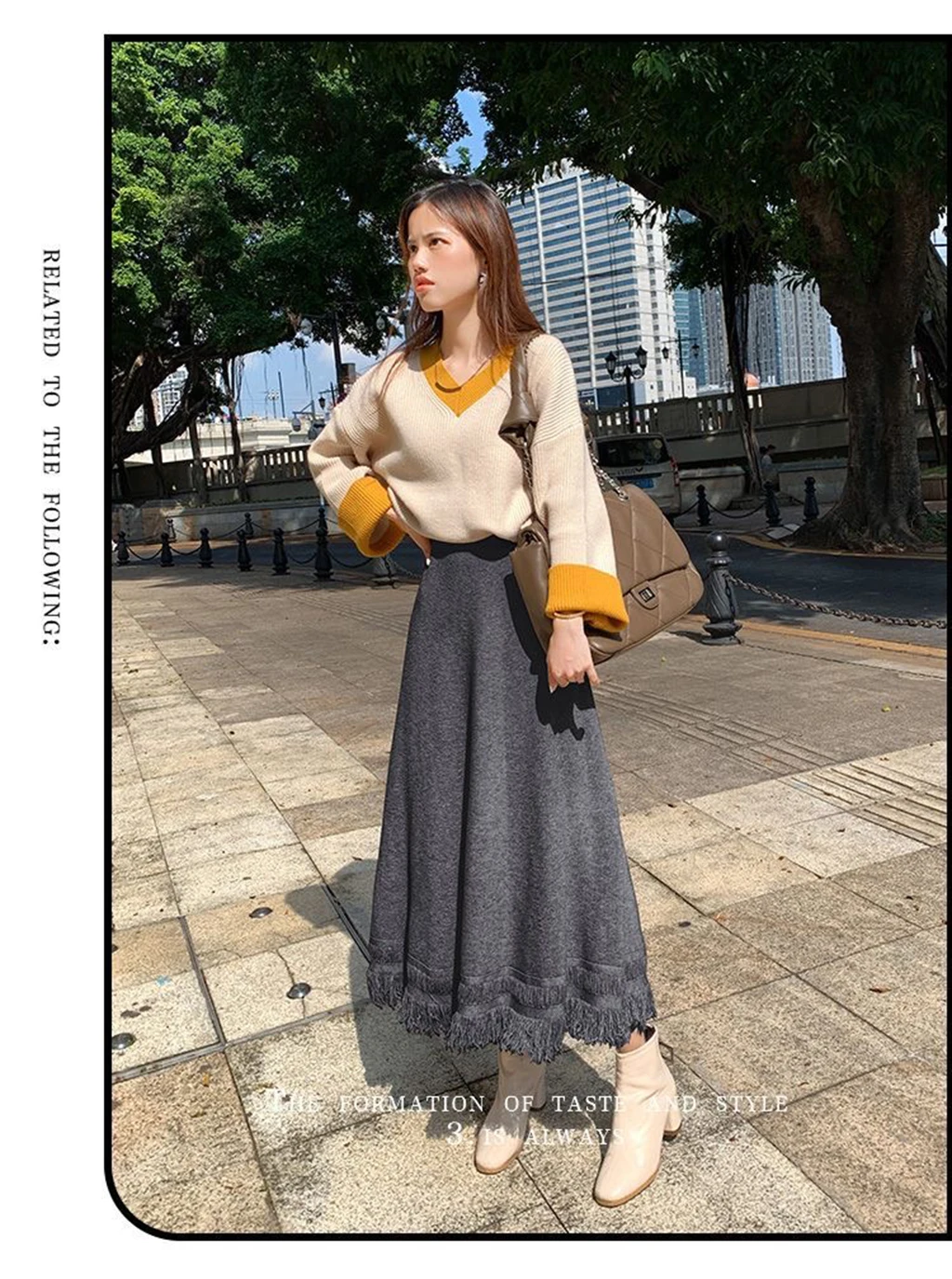 تنورة نسائية كلاسيكية للخريف جديدة بشراشيب صلبة من الصوف الكوري بخصر عالٍ مرنة متوسطة الطول تنورة محبوكة ضيقة على شكل حرف a