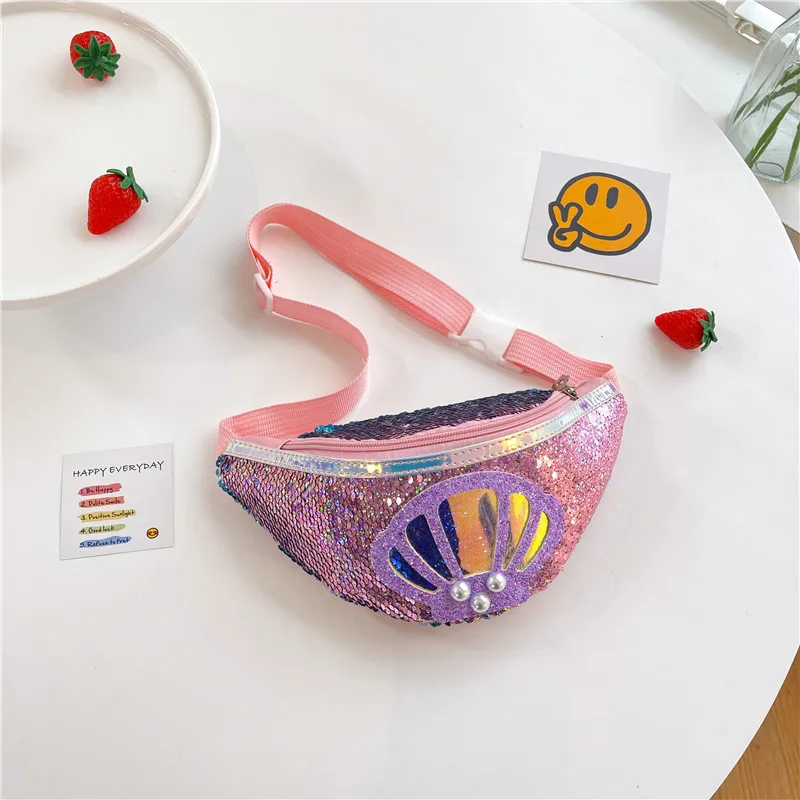 

Fashion Sequins Chest Bags for Girls Adjustable Belt Waist Bag Cute Shell Children's Small Shoulder Bag Cartoon Kids Coin Purse