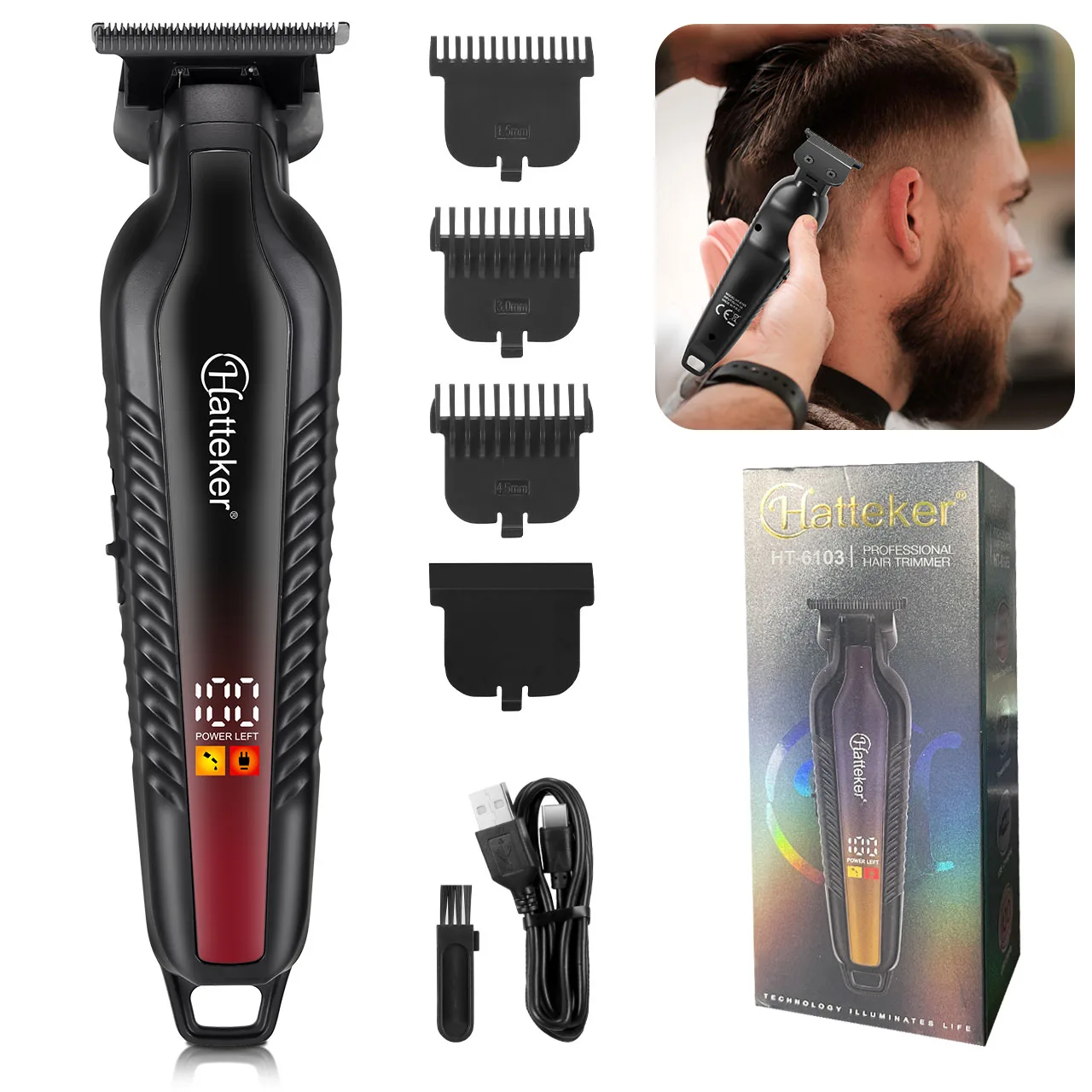 Hatteker Elektrischer Rasierer für Männer Tragbarer T-Klingen-Trimmer Multifunktionale Rasiermaschine mit LED-Anzeige