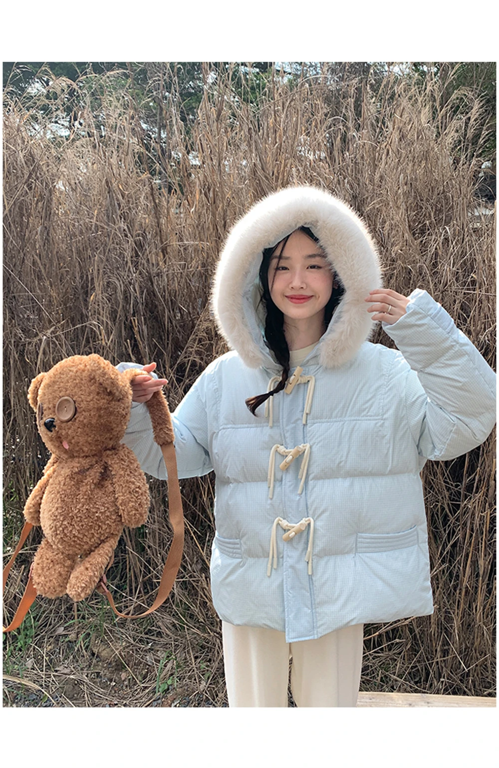 Checked Down Coat for Women, Loose Fit, Warm Coat, Cow Horn Button, Japanese Style, Winter Wear, New, 2023