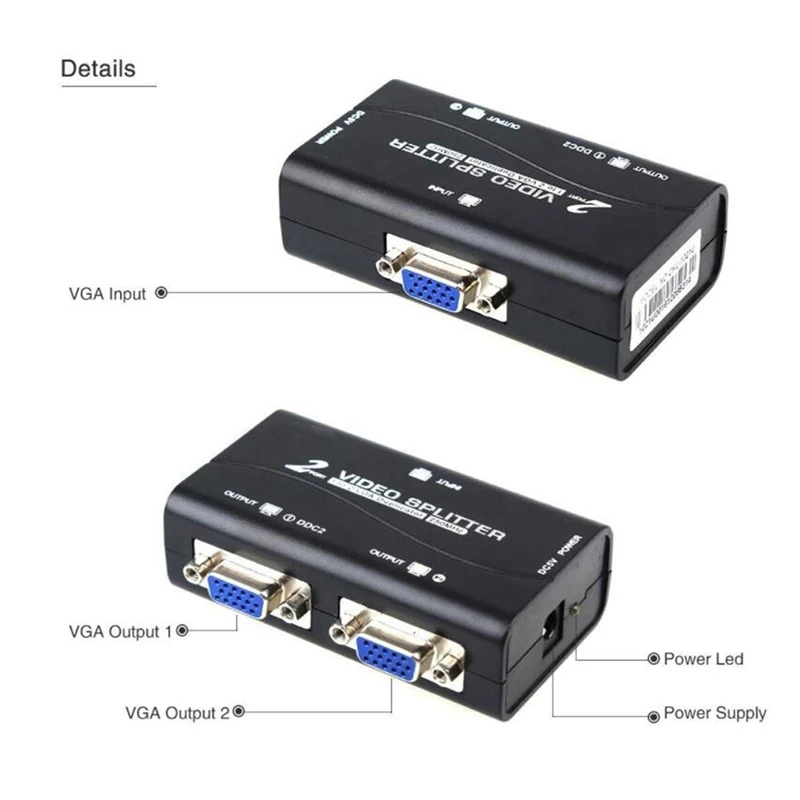 Divisor VGA de 2 puertos 1 a 2 1 unidad a 2 monitores Adaptador de caja divisora de pantalla LCD de vídeo VGA SVGA con cable de alimentación 250 MHz (UE)