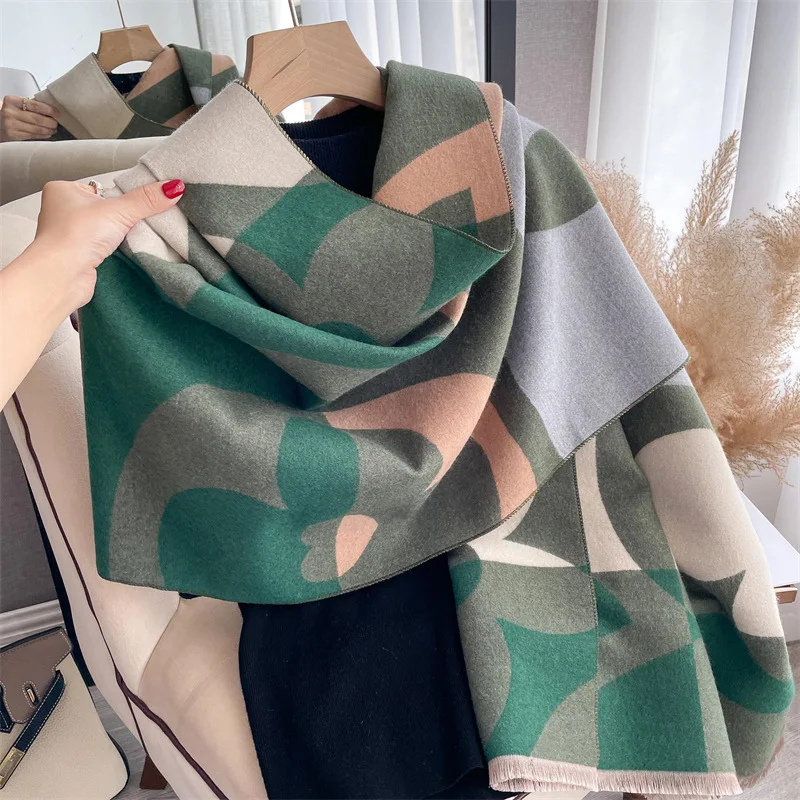 Winter Scarf Women Soft Cashmere Warm Pashmina Geometric Flowers Print Scarves Wraps Thick Shawl Bufandas Tassel Stoles Hijabs