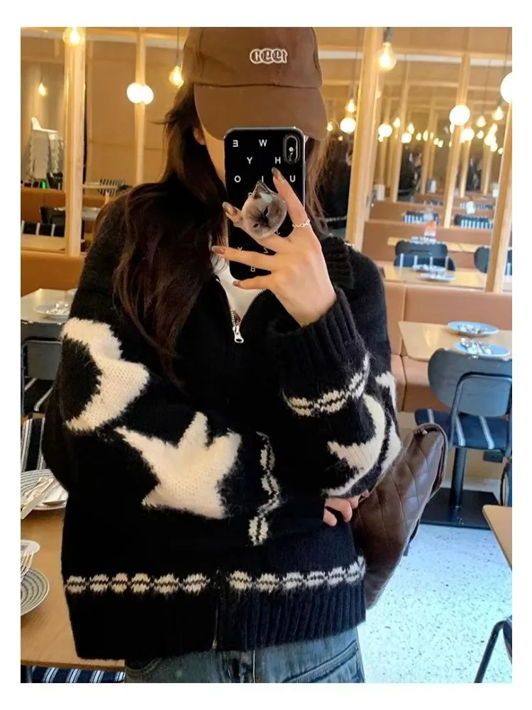 Deeptown Vintage Y2K Beige Star Jacquard Sweater Cardigan Women Harajuku Korean Style Oversize Zipper Jerseys Black Knitted Tops