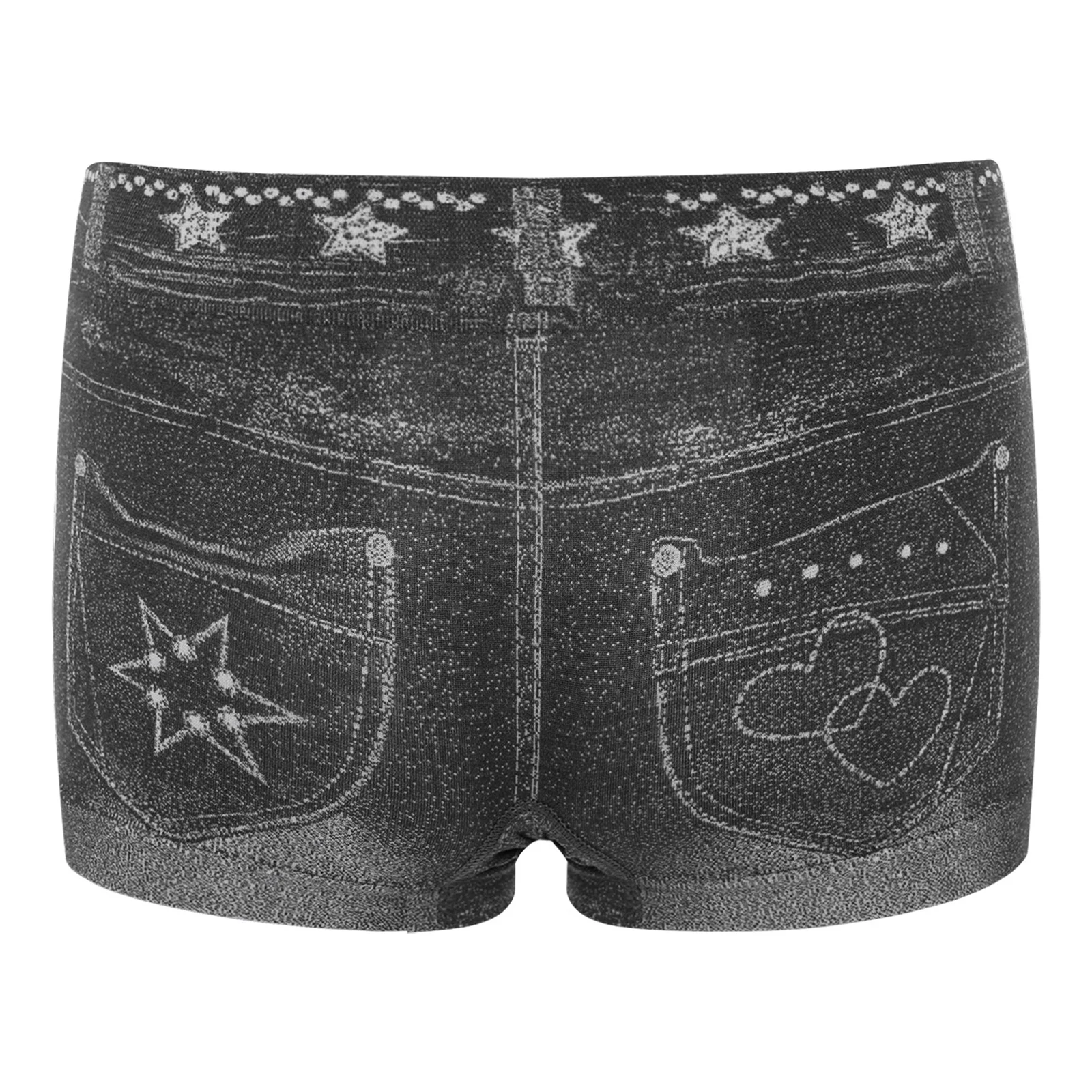 Womens Stylish Black Denim Printed Shorts Elastic Waistband Stretchy Hot Pant Panties Underwear for Sports Casual Summer Outing