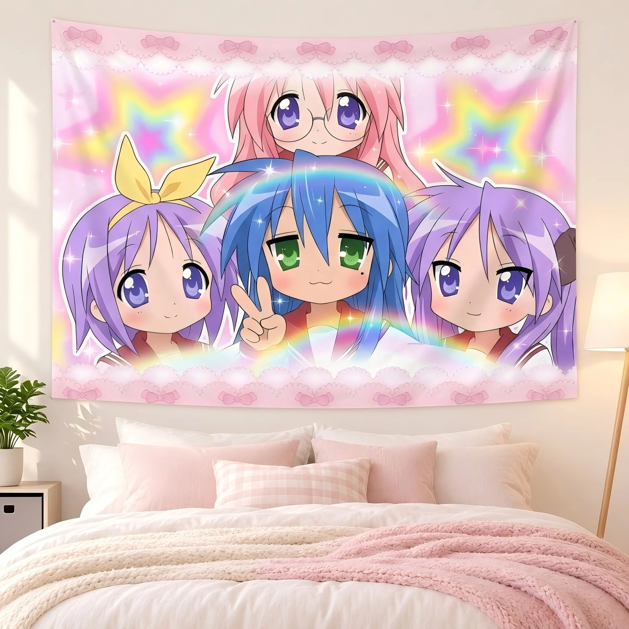 Kawaii Lucky Star Anime Tapestry Izumi Konata Hiiragi Kagami Tsukasa Takara Miyuki Wall Tapestry Bedroom Dorm Party Decor Backgr
