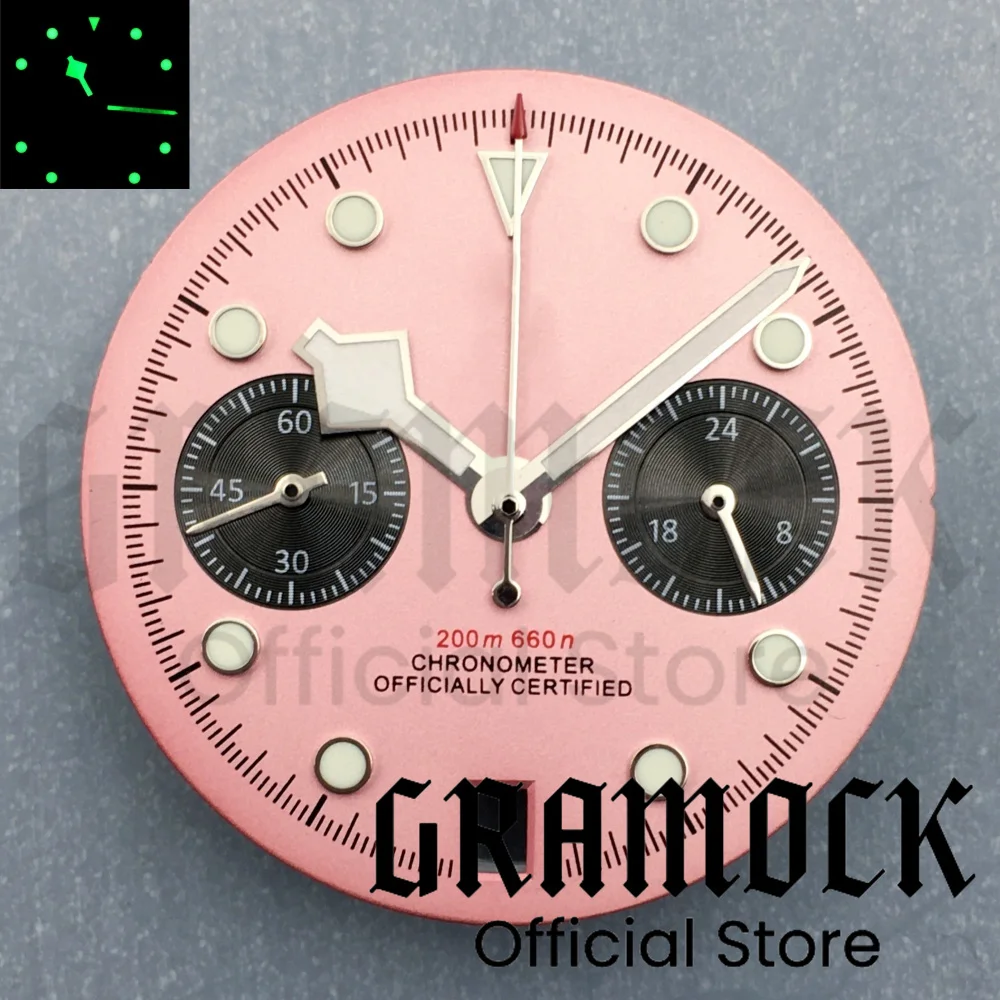 30mm Black Pink Blue White VK64 Watch Dial Wit Green Luminous Fit For VK64 Quartz Chronograph Movement 6 O \'clock Date Window