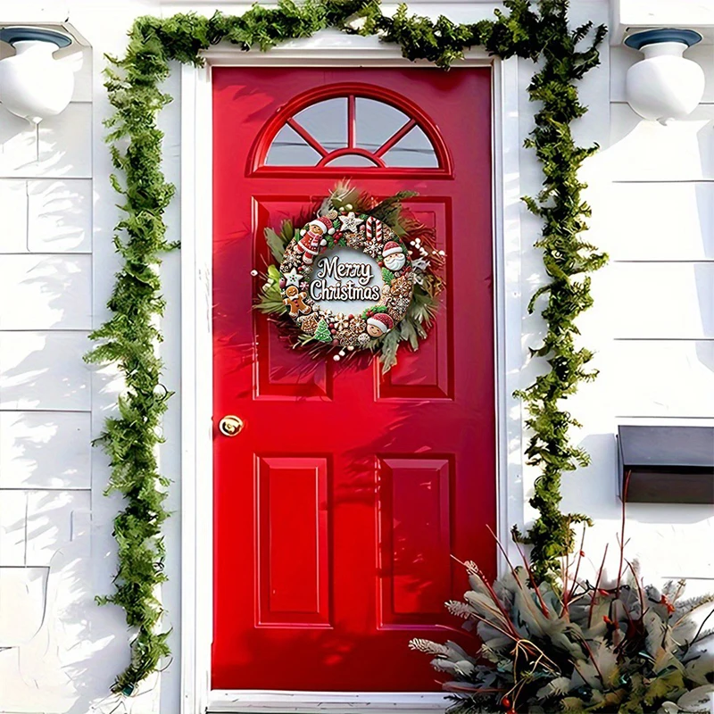 Feliz Navidad, casa de dulces de pan de jengibre marrón, copo de nieve de Navidad, árbol de Navidad, corona de madera para porche, cartel Retro estampado colgante, 1 ud.