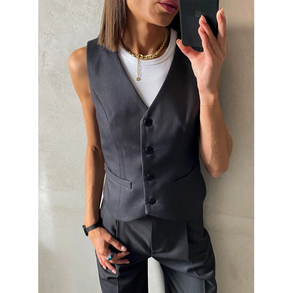 Casual Women's Quilted Vest Women Vest Suit Black Collarless 4 Button Single Breasted Waistcoat for Special Events Suit Vests