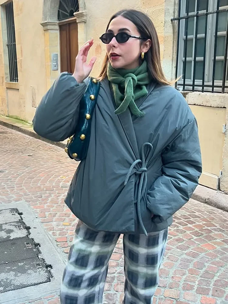 

Винтажные женские пуховые пальто с завязками и бантом, элегантная утепленная хлопковая куртка с длинными рукавами, женская зимняя новинка 2025 года, женская уличная одежда
