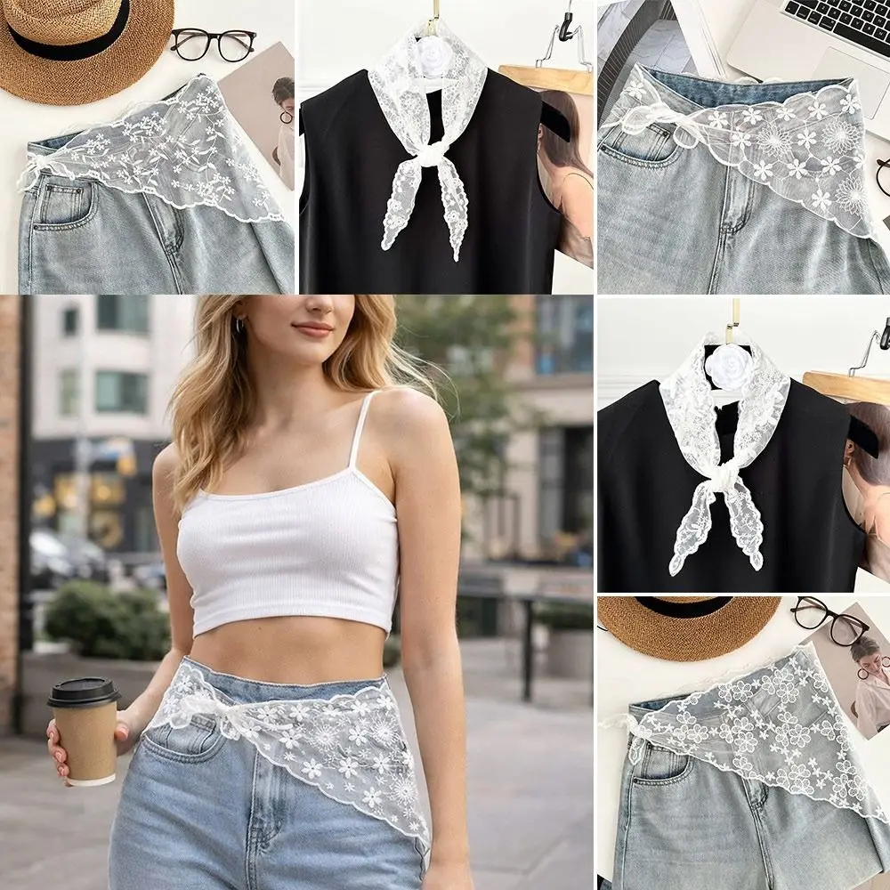 

Embroidered Lace Triangle Headscarf Hollow-out Pastoral Style Hair Bandana White Woven Floral Butt Curtain Skirt