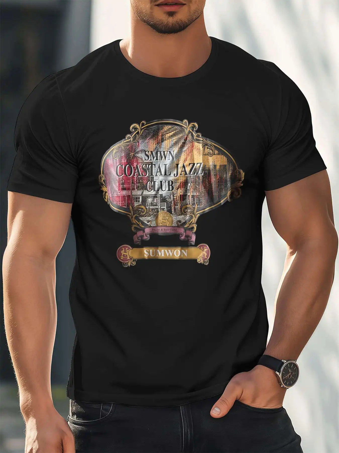 

Мужская футболка Coastal Jazz Club с графическим рисунком, 220 г/м2, новая летняя повседневная футболка с круглым вырезом из чистого хлопка с короткими рукавами