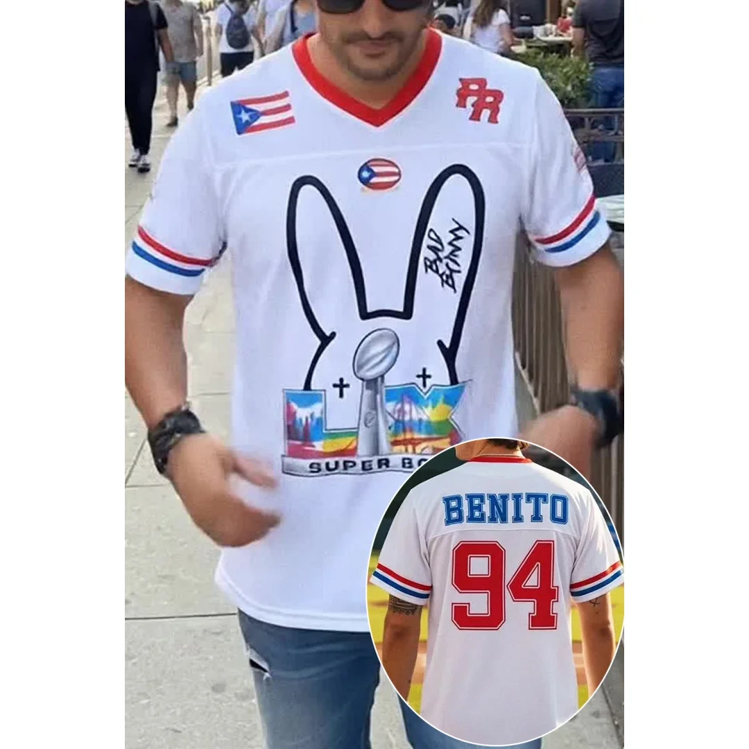

Мужская футболка с принтом Пуэрто-Рико, футболка Bad Bunny Super Bowl American Rugby Benito 94 с V-образным вырезом, женская футболка с принтом для любителей музыки